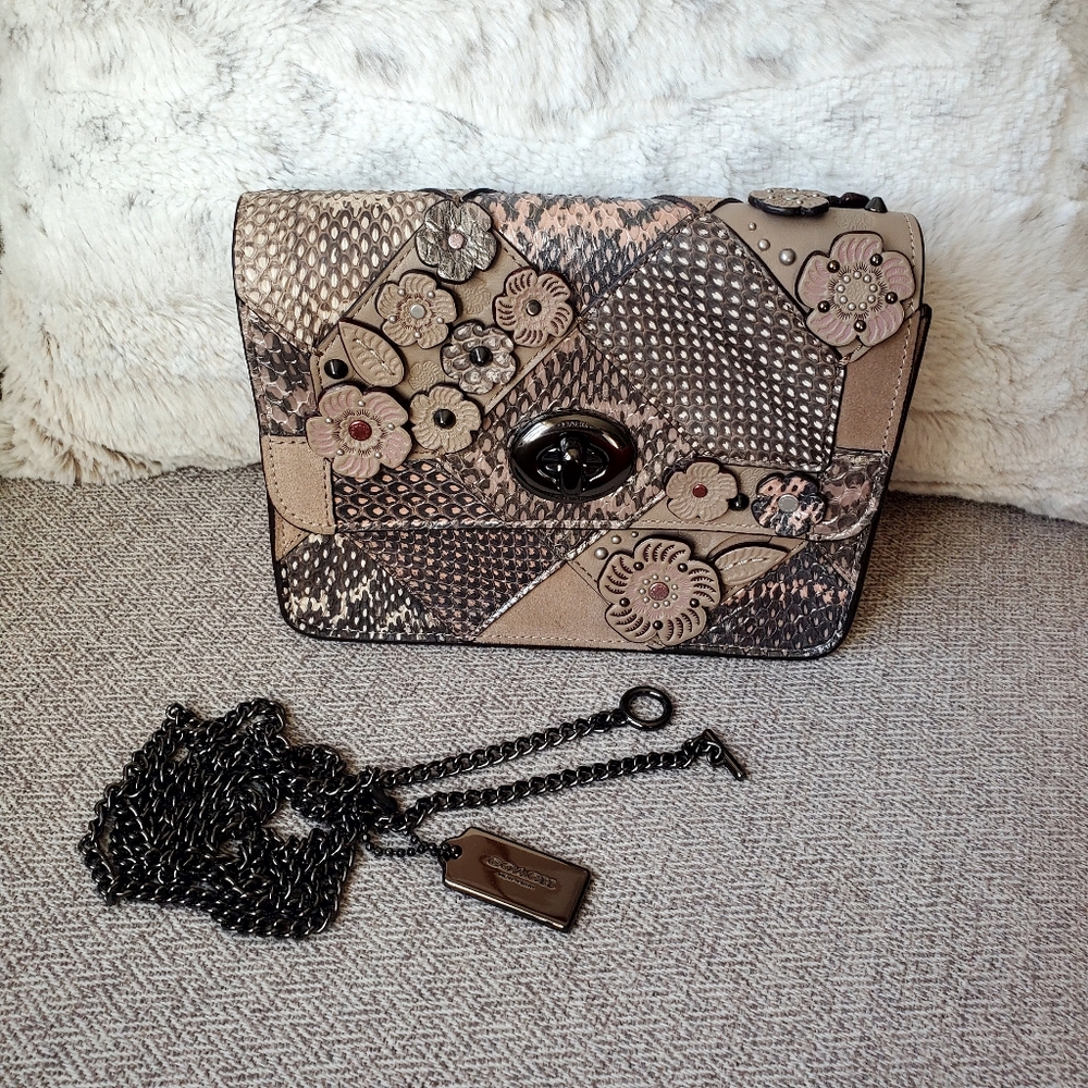 Coach Bowery Tearose Snakeskin Leather Patchwork Bag